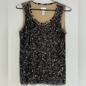 Black Sequined Tank Top w/Additional Sheer Layer, Brown Back Leopard Trim CATOS